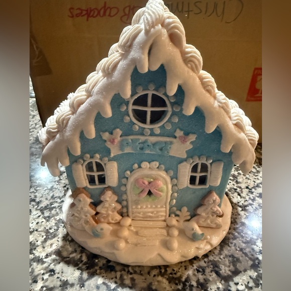 8.5” Peace Blue and White Valerie Parr Gingerbread House - Picture 2 of 12